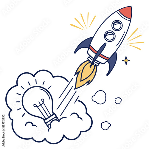 Creative idea launch concept with a rocket ship blasting off from a light bulb in clouds