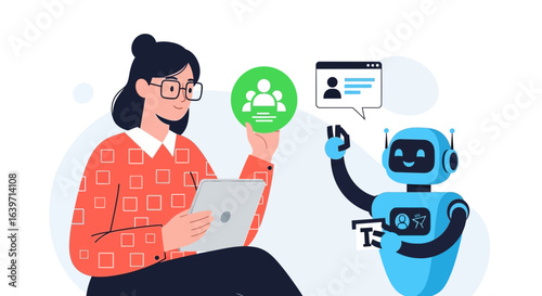 Illustration depicting collaboration between a woman and an advanced robot