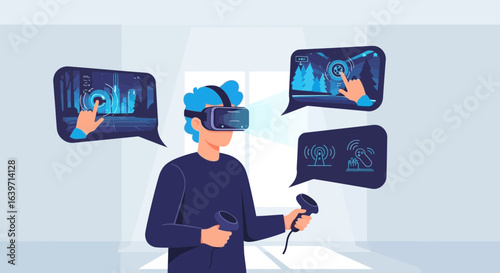 Immersive virtual world experience, man wearing VR headset exploring digital interface