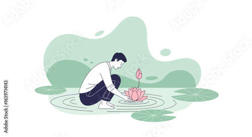 Illustration of a man admiring a blooming lotus flower in a pond scene