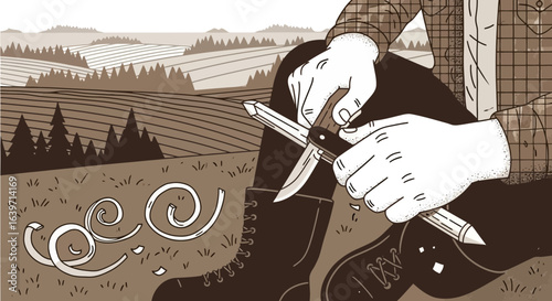 Illustration of a whittler crafting wood with pocketknife in countryside