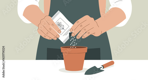 Illustration of sowing flower seeds into a pot, growth and gardening concept