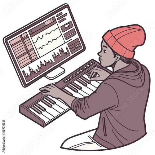 Young man wearing a beanie and hoodie creating music on a computer with a midi keyboard