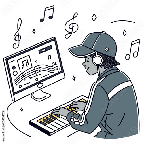 Young person wearing headphones and a baseball cap plays a digital keyboard while looking at a computer screen displaying musical notes