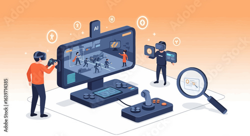 Isometric illustration showcasing augmented reality gaming innovation and interaction
