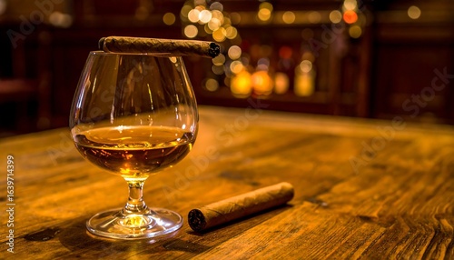 Cognac glass and cigar on wooden table