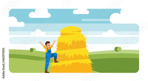 Joyful farmer celebrating harvest by a haystack under a blue sky