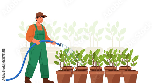 Illustrative gardener carefully irrigating potted greenery with hose, nurturing growth