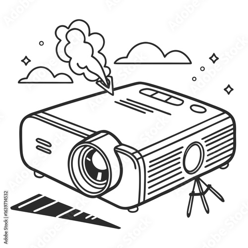 Cartoon style line drawing of a projector emitting smoke and sparks with clouds and stars in the background