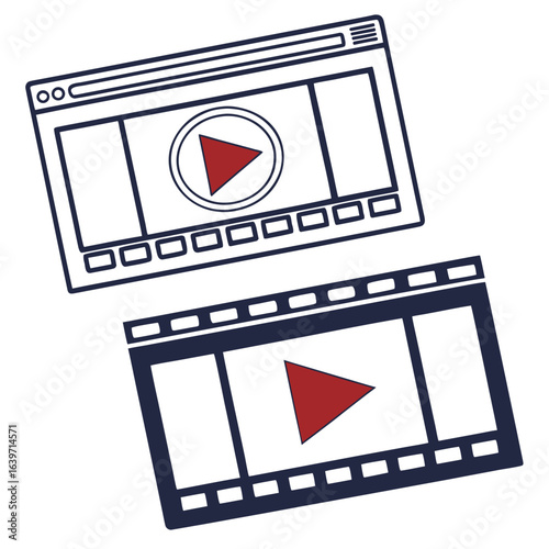 Digital video player interface and film strip with play buttons symbolizing online media and entertainment content creation