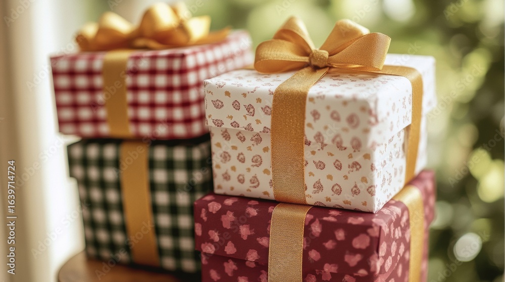 Obraz premium Festive Stacked Gift Boxes in Various Patterns on Wooden Surface Holiday gifts and presents, country cottage
