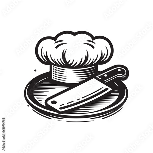 Vintage Chefs Hat and Butcher Knife on a Plate Graphic.