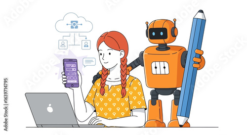 Innovative collaboration of a girl and a robot, working together on project