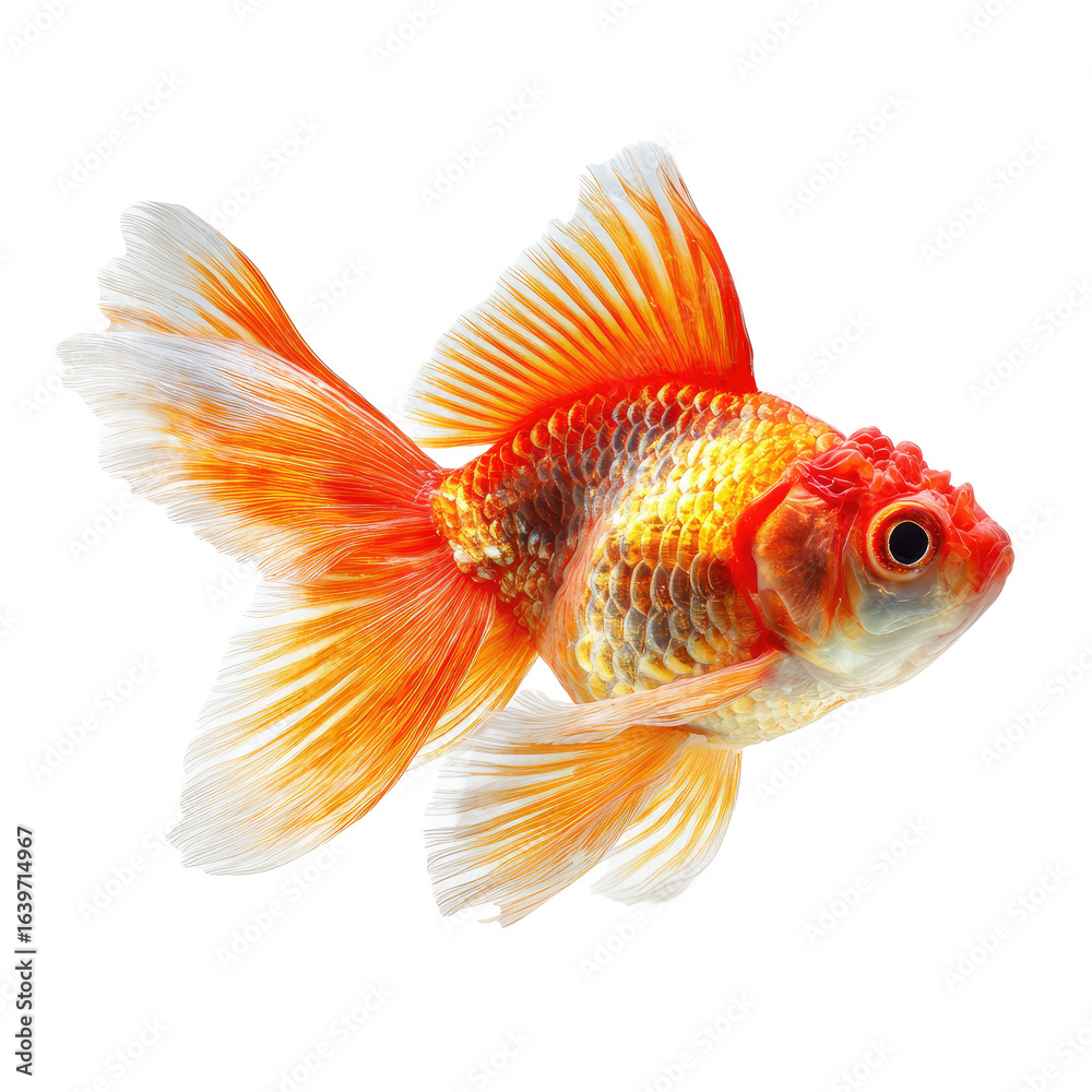 Fototapeta premium Orange goldfish swimming, aquatic studio shot, black background, pet website use