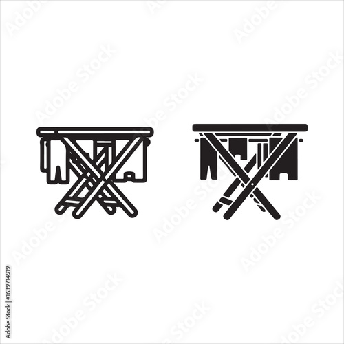 Two simple icons of clothes drying racks with laundry