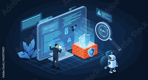 Isometric illustration of cybersecurity, data protection and digital safety