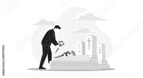 Mourning at the graveside with floral tribute in solemn remembrance