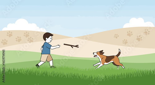 Joyful outdoor activity with a happy boy and a dog chasing a stick