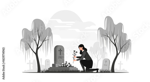 Mourning solace grief remembrance sorrow, contemplative atmosphere vector illustration