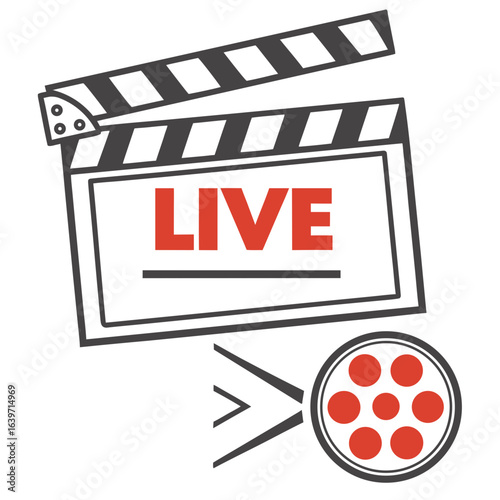 Iconic movie clapperboard with the word live in red and a film reel symbol symbolizing live broadcasting