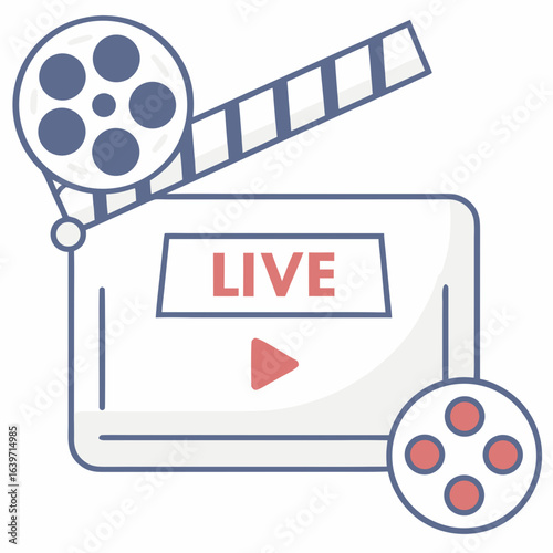 Flat design illustration of a clapperboard with a play button and film reels indicating live video production and broadcasting
