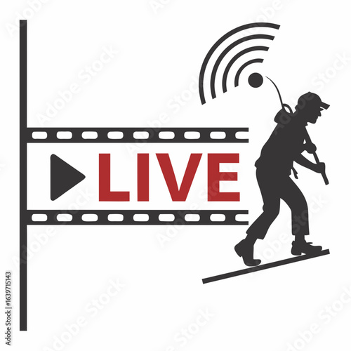 Silhouette of a person broadcasting live video with a film strip and wi fi signal icon