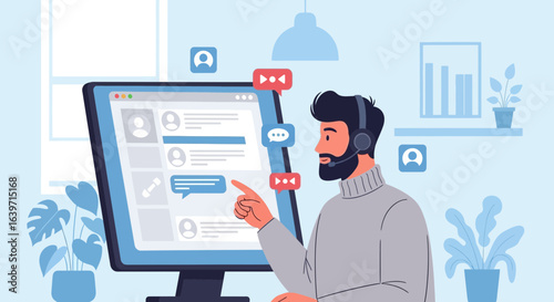Professional customer support operator assisting customers online using pc