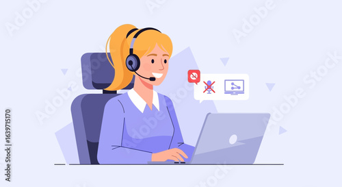 Modern customer support agent at work, facing communication technology issues