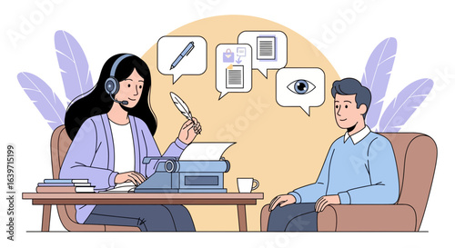 Remote literary consultation with quill, typewriter and digital support