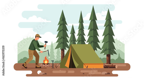 Outdoor adventure illustration featuring campsite, campfire and woodsman
