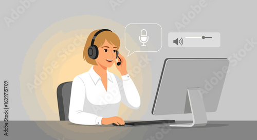 Smiling customer service representative with headset working on computer