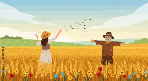 Scenic wheat field featuring a woman, a scarecrow and birds in harmony