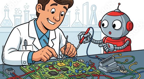 Scientist skillfully repairing intricate circuits with inquisitive robot assistant
