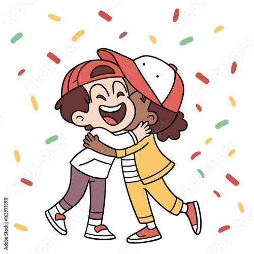 Two happy children wearing baseball caps embracing warmly surrounded by colorful confetti celebrating friendship and joy