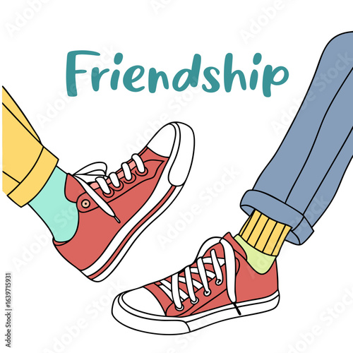 Two pairs of red sneakers with colorful socks and rolled up pants symbolizing friendship and connection