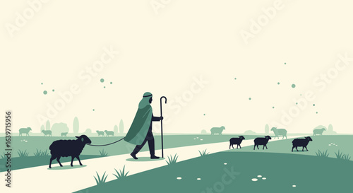 Stylized vector illustration of shepherd leading his sheep in rural scene