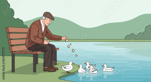 Serene lakeside scene of elderly man feeding ducks from a park bench