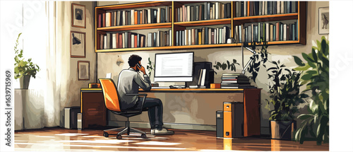 A young man works at home on a computer and communicates on the phone in a cozy office full of books and plants.