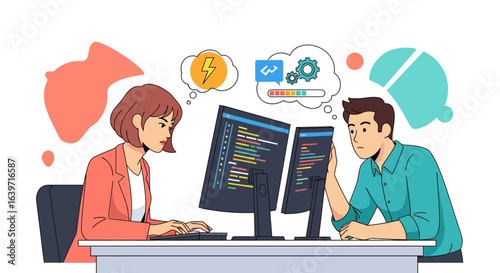 Two cartoon developers coding on computers with thought bubbles concept