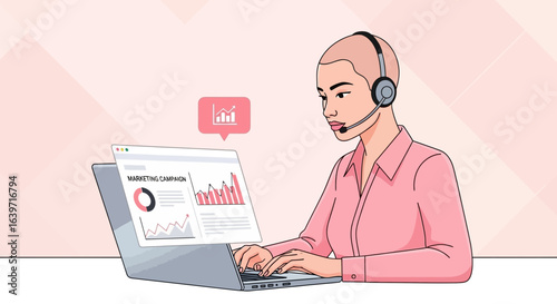Virtual marketing professional analyzing campaign performance on laptop