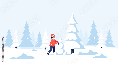 Joyful winter scene: A young woman builds a snowman in a snowy forest