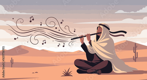 Desert Serenade: A Musician's Flute Echoes Across the Sands and Skies