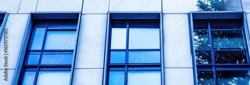 Modern building facade with unique window designs reflecting depth from Corporate office in financial district