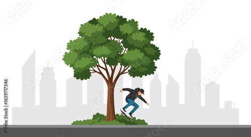 Urban Skateboarding: A young person executing a dynamic trick near a tree