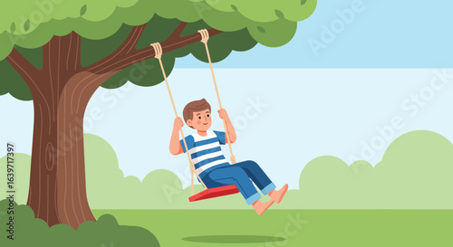 Childlike glee: a serene illustration of a boy enjoying a tree swing