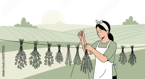 Woman hanging bunches of herbs for drying, showcasing rural farm life