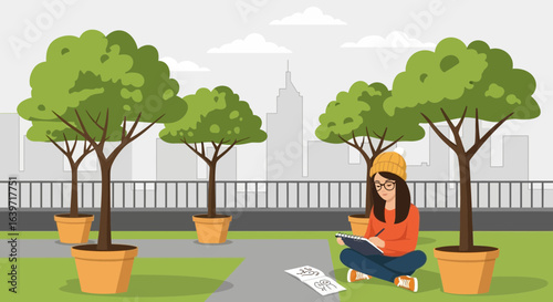 Young artist sketching under the city trees captures peaceful creative moment