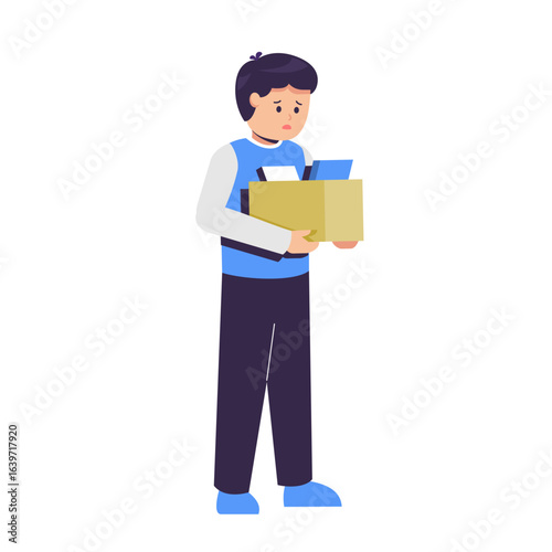 Man with cardboard box leaving office. Dismissed employee carrying personal belongings, quitting after dismissal, layoff, job loss. Flat vector illustration isolated on white background.