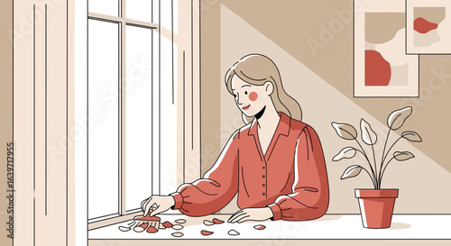 Woman cleaning the windowsill with a brush and a plant pot and decoration