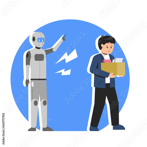 Fired office worker leaving his workplace and humanoid robot staring at his, the impact of AI on employment